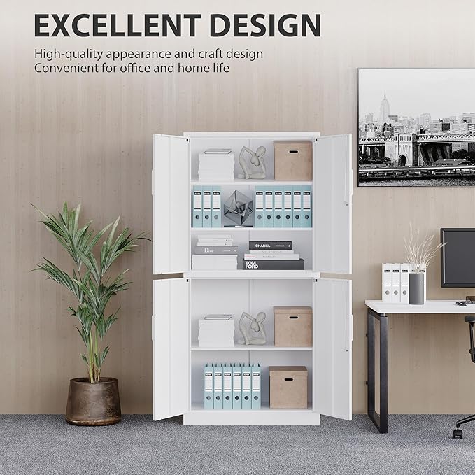 Metal Storage Cabinet with 3 Adjustable Shelves,White Storage Cabinet with Lock,71" Lockable Metal Cabinets with Locking Doors,Tall Steel Pantry Cabinets 4 Door for Home,Office,Garage,Bathroom,Kitchen