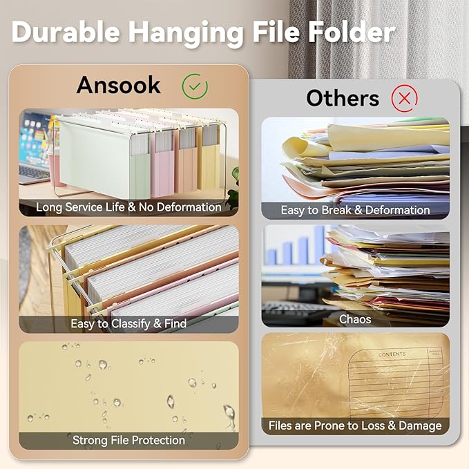 Ansook Extra Capacity Hanging File Folders Legal Size,12 Pack Pastel Colors File Cabniet Folder,Heavy Duty 2" Expansion Hang Folders,Plastic Hanging File Organizer for Office Home File Frame Box