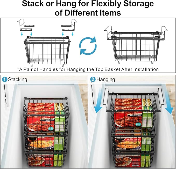iSPECLE Freezer Organizer Bins - 2 Pcs Hanging Baskets for Deep Freezer, Adjustable Wider & Deeper Chest Freezer Organizer Bins for 5 to 9 Cu Ft, Extra Large & Easy Organize, Black