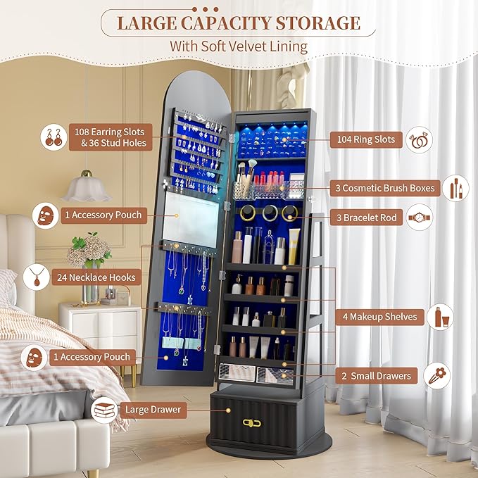 63" Full Length Mirror Jewelry Cabinet with Storage – Rotating, Lockable Jewelry Armoire with Velvet Lining, Standing Organizer for Women – Ideal Gift for Jewelry Storage & Display, Black