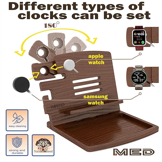 MED Wood Phone Docking Station – Nightstand Desk Organizer for Phone, Watch, Wallet & Tablet – Gift for Men, Husband, Dad & Women – Wooden Charging Stand (Dark Walnut, Model 1)