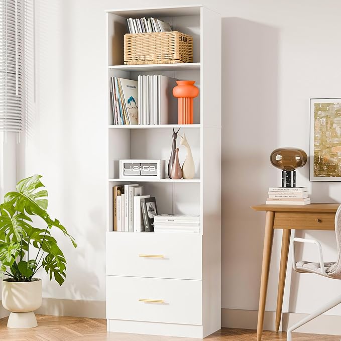 Cozy Castle 74.1'' Bookshelf,Tall Bookcase with Drawers, 4-Tier Open Bookshelf with Adjustable Storage Shelves,23.6 Inches Wide Floor Standing Bookcase for Home Office,Bedroom,Living Room,White