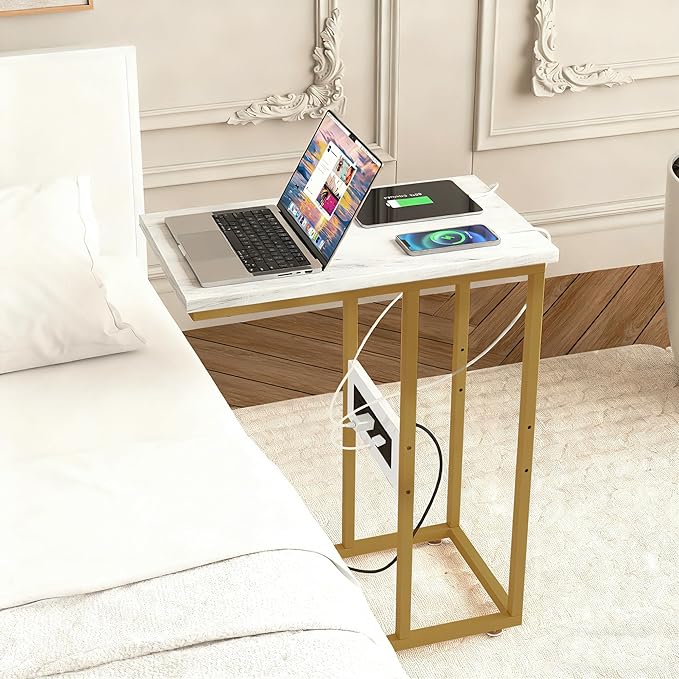 VECELO C Shaped End Side Table with Charging Station & Power Outlets for Couch Sofa/Bed, Snack TV Tray with Metal Frame for Living Room Bedroom 1 PCS Gold