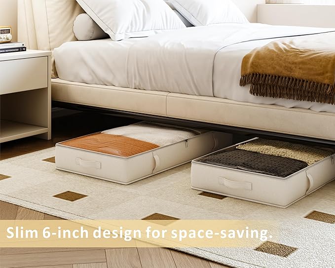 Vailando Storage Containers, 6 Inches Tall 60L Underbed Storage Bins with Sturdy Handles and Sidewalls, Closet Organizer for Clothes, Blankets, Seasonal Items, Beige, 2-Pack