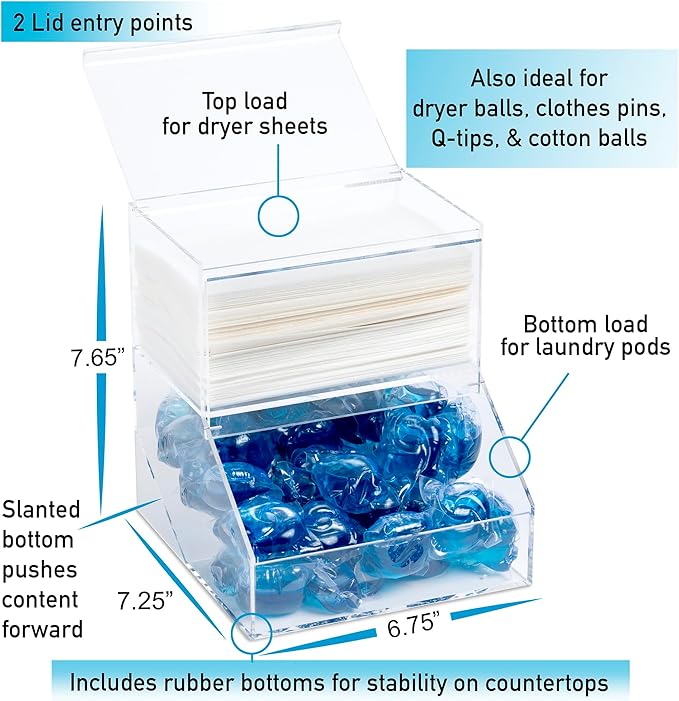 Laundry Pod Holder & Dryer Sheet Dispenser - 2 Compartment Acrylic Container w/Lids for Storing Clothes Pins, Dishwasher Pods for Laundry Room Organization