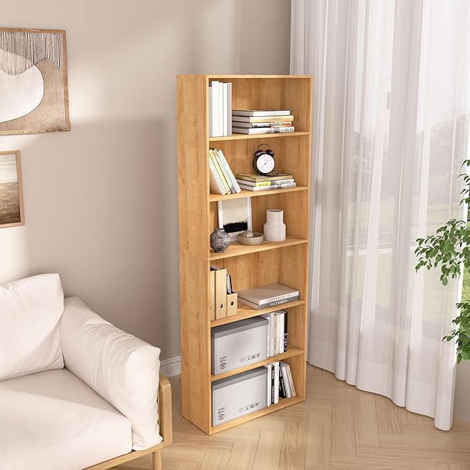 6 Tier Book Shelf，Wooden 6 Cube Storage Organizer,6 Tier Low Bookcase Storage Display Organizer, 64 Inch Versatile Cubes Shelf and Cubby Unit for Any Space (Natural Oak, 6 Cube-W(23.6inch)