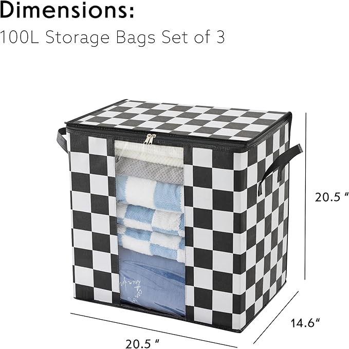Black and White Checkered Clothes Storage Bins, 100L Large Blanket Storage Bags 3 Pack, Closet Organizers and Storage Containers for Comforters, Bedding, Foldable Organizer with Handle
