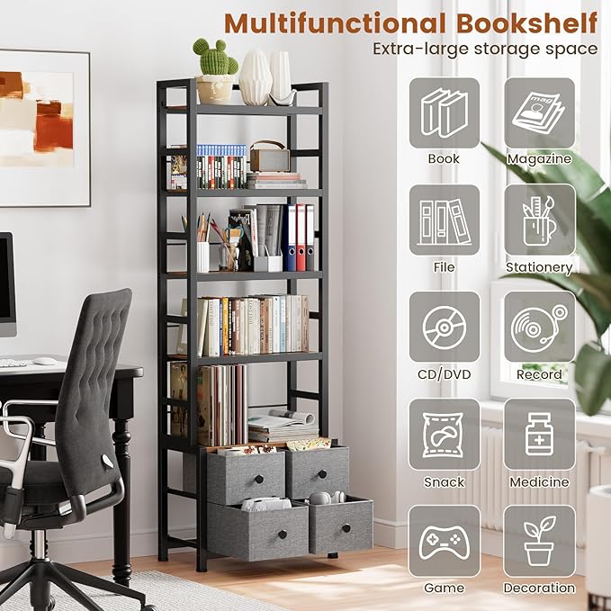 5 Tier Bookshelf, Modern Bookcase with Bookends and 4 Drawers Storage Organizer, Metal Industrial Display Shelf, Free Standing Storage Shelving Unit for Bedroom, Living Room and Home Office