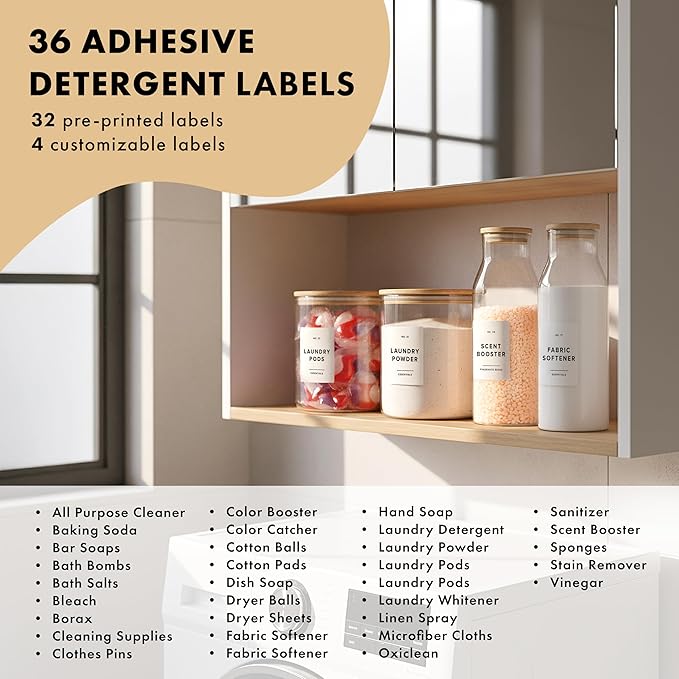 Glass Laundry Detergent Dispenser Containers with 36 Labels - Glass Jars with Lids - Laundry Room Organization - Storage Containers for Detergent, pods, liquid Fabric softener, Scent Booster Set of 4