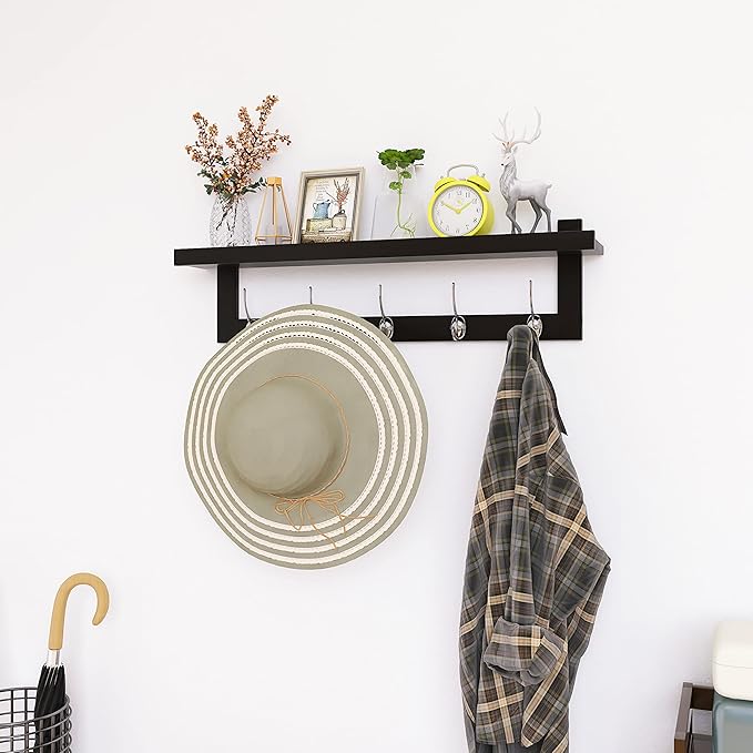 SMIBUY Coat Hooks with Shelf Wall-Mounted, 29.2 Inch Entryway Coat Rack for Wall, Bamboo Hanging Shelf with 5 Double Metal Hooks for Bathroom, Bedroom, Kitchen, Living Room, Mudroom (Black+Silver)