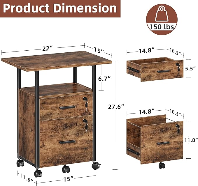 GYIIYUO 2 Wood Drawer Lockable File Cabinet with 22'' Extended Desktop, Mobile Filing Cabinet with Side Bag, Rolling Printer Stand, Fits A4&Letter Size, Home Office, Rustic Brown