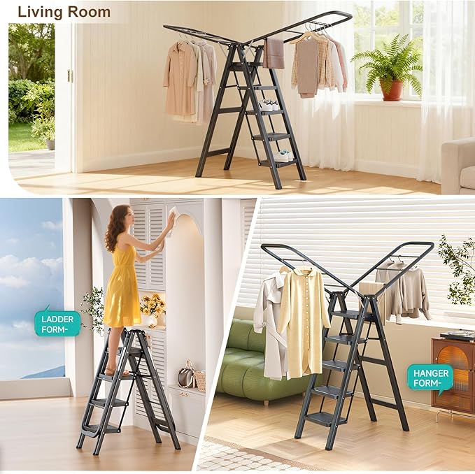 Multi-Functional 5 Step Ladder Used as Clothes Drying Rack,Sturdy Carbon Steel Ladder,Widened Pedal,Foldable & Portable Clothes Drying Rack, Space-Saving Design Indoor&Outdoor Drying (Black)
