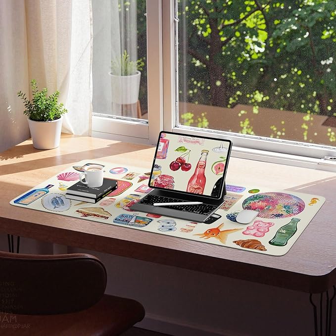 iCasso Office Desk Mat for Keyboard and Mouse, Large Mouse Pad, Desk Pad Mat, Anti-Slip Big Mousepad with Stitched Edges for Computer Desktop Cover Protector (Watercolor Stickers)