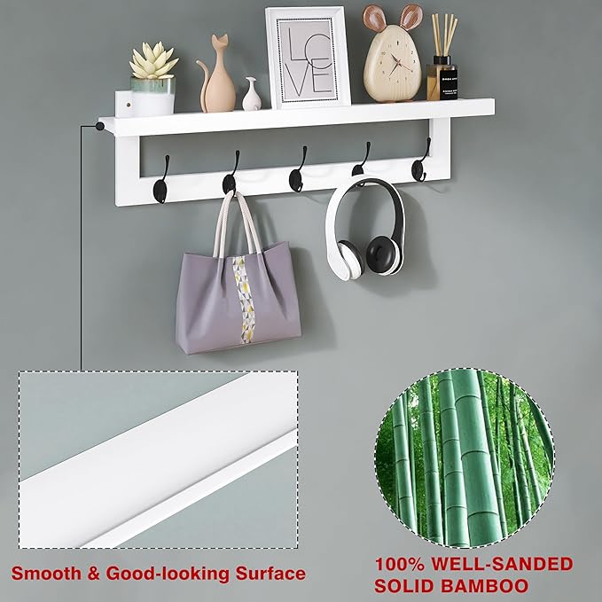 SMIBUY Coat Hooks with Shelf Wall-Mounted, 29.2 Inch Entryway Coat Rack for Wall, Bamboo Hanging Shelf with 5 Double Metal Hooks for Bathroom, Bedroom, Kitchen, Living Room (White + Black)