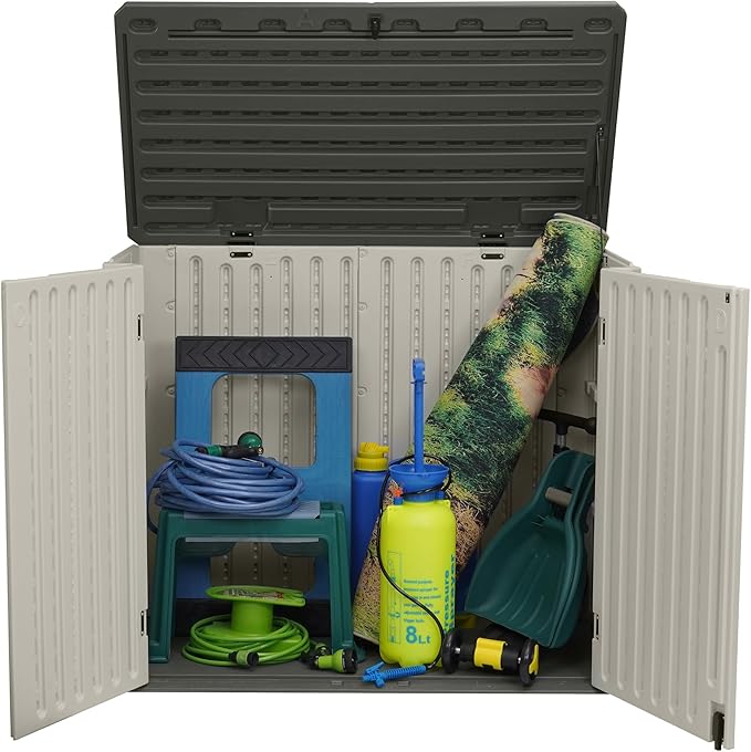 EHHLY Horizontal Resin Storage Shed, 47 Cuft Garden Tool Sheds & Outdoor Storage, Outdoor Plastic Storage Cabinet Waterproof, 4.5 x 2.8 ft Backyard Outside Lawn Mower Storage Shed, Vanilla