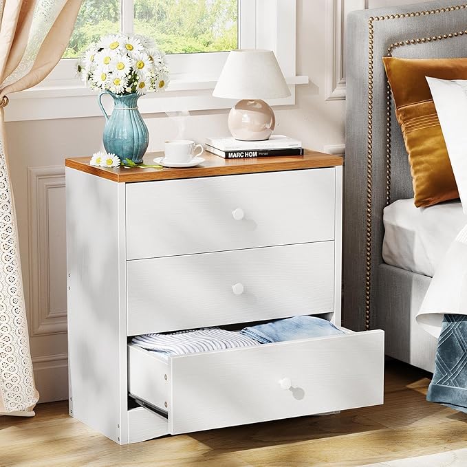 Nightstand,Farmhouse Wood Night Stand with 3 Storage Drawers,Wooden Small Dresser Chest of Drawers Bedside Tables for Bedroom Small Spaces,White+Walnut