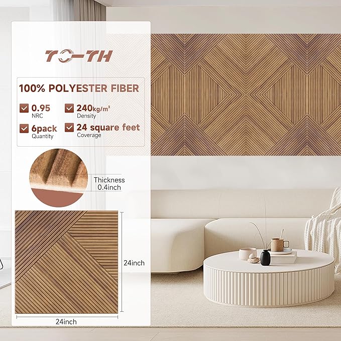 TO-TH Acoustic Wall Panels,6 Pack Total Size 72 x 48 Inches,Self-Adhesive Decorative Acoustic Panels for Wall and Ceiling,3D UV Printing with Wood Look,Beech