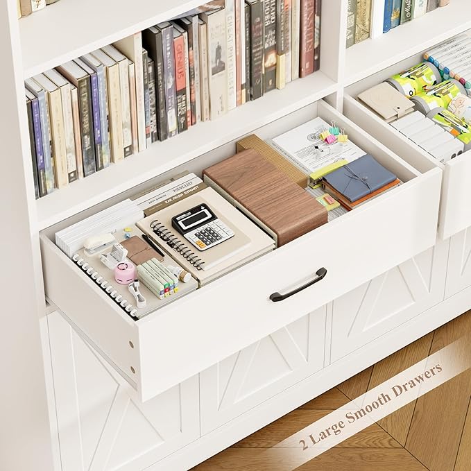 HOSTACK 78" Tall Bookshelf with Doors, Double Wide Bookshelf with Storage Drawers, Large Bookcase with Cabinet and 8 Open Display Shelves, Farmhouse Wood Bookcase Book Shelf for Living Room, White
