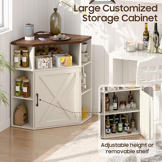 Corner Storage Cabinet, Farmhouse Corner Bookshelf with Storage 6-Cubby Wooden Cabinet with USB Ports and Outlets Industrial Organizer for Small Space, Study, Playroom, Living Room