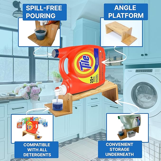 TidyFriend 2 Pack Laundry Detergent Dispenser with Tray & Strap, Laundry Soap Dispenser with Non-Slip Rubber Feet for Washing Room Organization, Easy Pour (Wood)