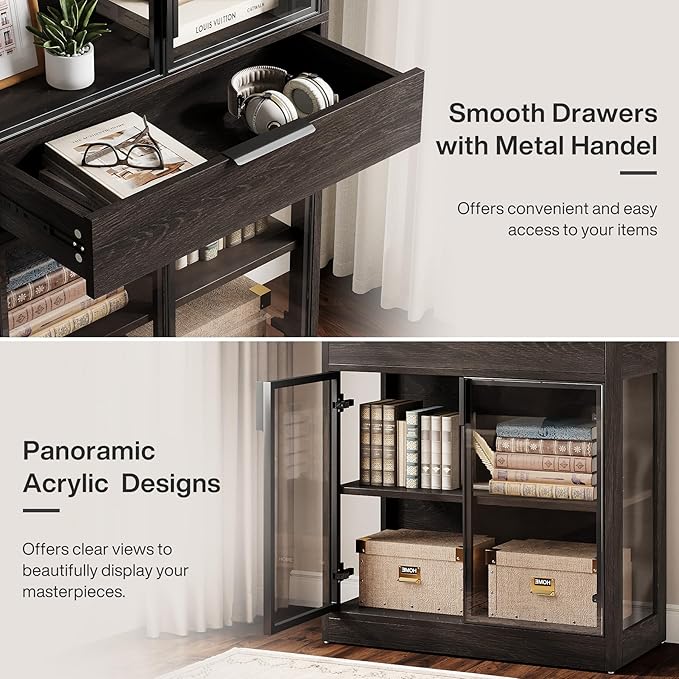 Tribesigns 71-inch Tall Display Cabinet with Doors, 5-Tier Curio Cabinet for Collectibles with LED Lights and Drawer, Display Case Bookcase with Shelves for Bedroom, Living Room, Office, Black