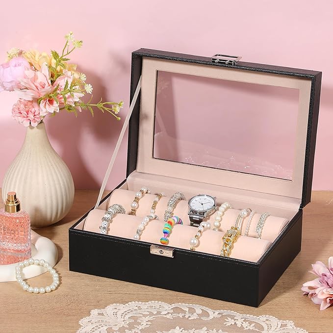 Bracelet Display Holder with Rods for Bangles Watches, Clear Lid Jewelry Organizer Box Storage Case for Women Girls -Black