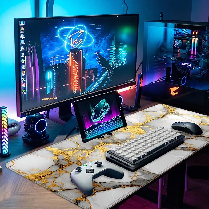 White Marble Mouse Pad – Large Extended Desk Mat 31.5 x 11.8 in– Elegant Gold Vein Design, Non-Slip Rubber Base, Waterproof Surface, Keyboard & Mouse Pad for Office, Gaming, Home Decor