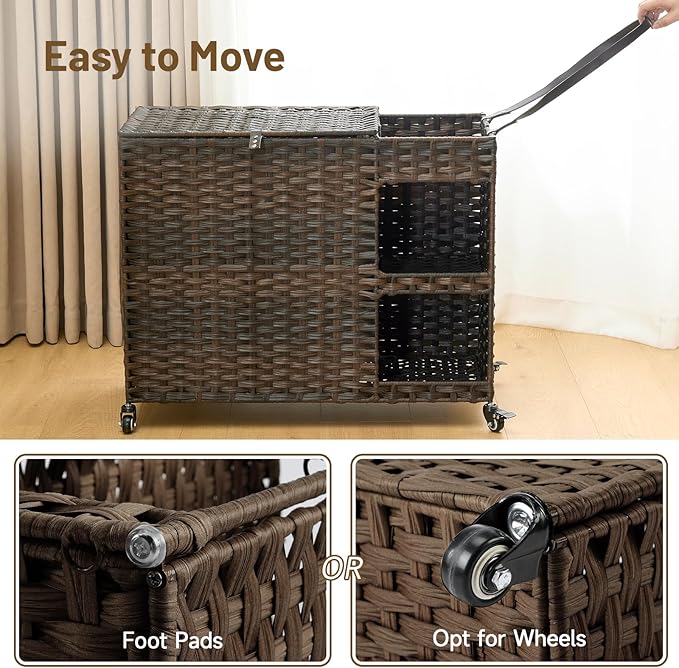 Laundry Hamper with Wheels, 42.3 Gal.(160 L) Laundry Sorter with Shelves, Rattan Clothes Hamper with 4 Removable Liners & 3 Mesh Bags, Handwoven Organizer for bedroom, bathroom, laundry room, Brown