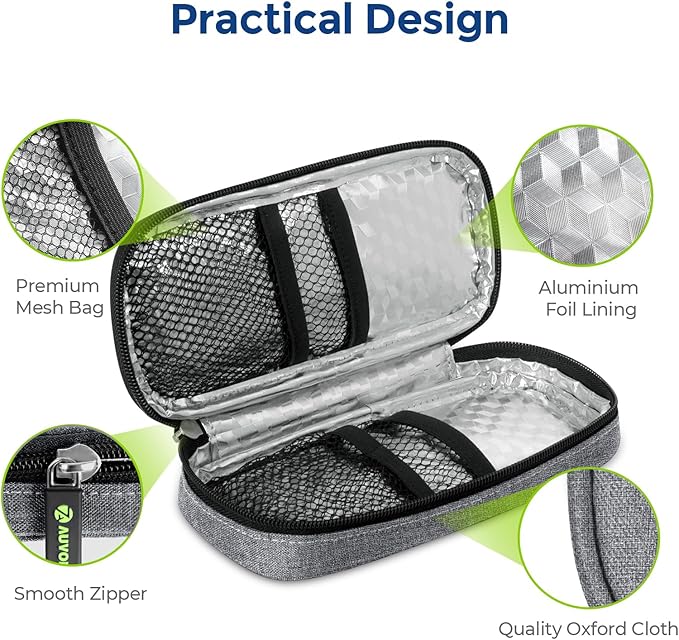 AUVON Insulin Pen Cooler Travel Case with 2 * 90g TSA Approved Ice Packs, Diabetic Medication Insulated Cooling Bag for Insulin Pens and Diabetic Supplies Storage, Compact for Daily Life and Trips