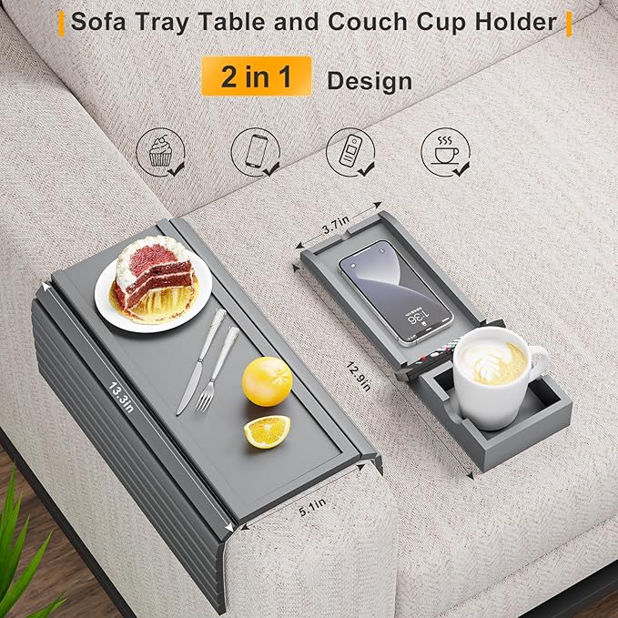 Couch Armrest Table, Sofa Arm Tray with Detachable Couch Cup Holder - 2 in 1 Anti-Slip Foldable Sofa Armchair Caddy Table for Drinks Cellphone TV Remote Snacks (Gray)
