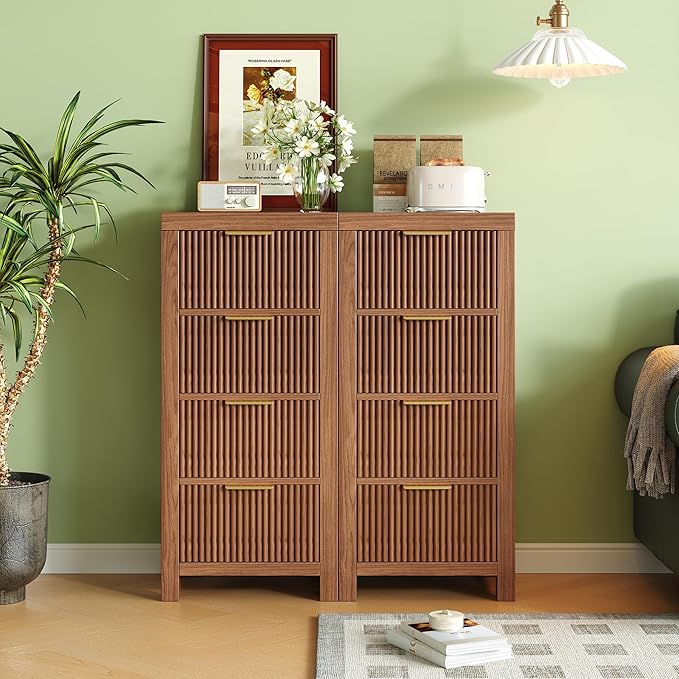 Mid-Century Modern Tall Wooden Dresser with 4 Spacious Drawers, Entryway Storage Chest with Smooth Metal Handles, Bedroom Clothes Organizer for Entryway, Office, and Small Spaces, Walnut