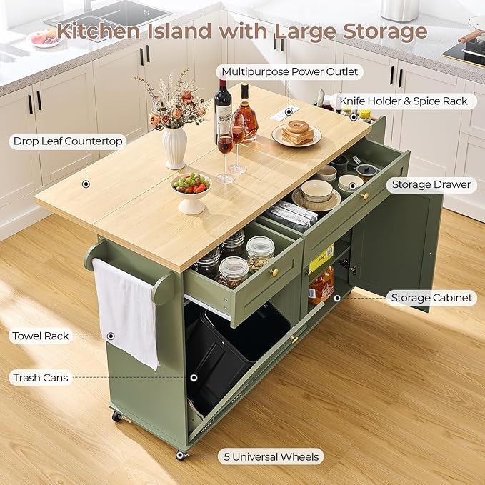 60.2" Kitchen Islands with Storage, Kitchen Island Cart with Trash Can Storage Cabinet, Rolling Kitchen Island Table with Drop Leaf & Power Outlet & Spice Rack & Towel Rack & Knife Holder, Green