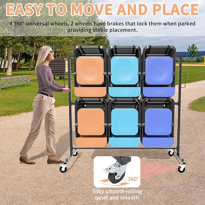 Folding Chair Rack with Wheels, Folding Chair Cart for 84 Chairs or 12 Tables,Heavy Duty Steel Holder, Rolling Storage Rack Dolly, Chair Storage Holder W/Elastic Cords,Dust Cover (Double Layer)
