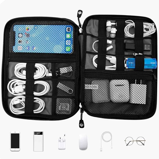 Travel Cable Organizer Bag Waterproof Portable Electronic Accessories Organizer for USB Cable Cord Phone Charger Headset Wire SD Card with 5pcs Cable Ties(Purple)