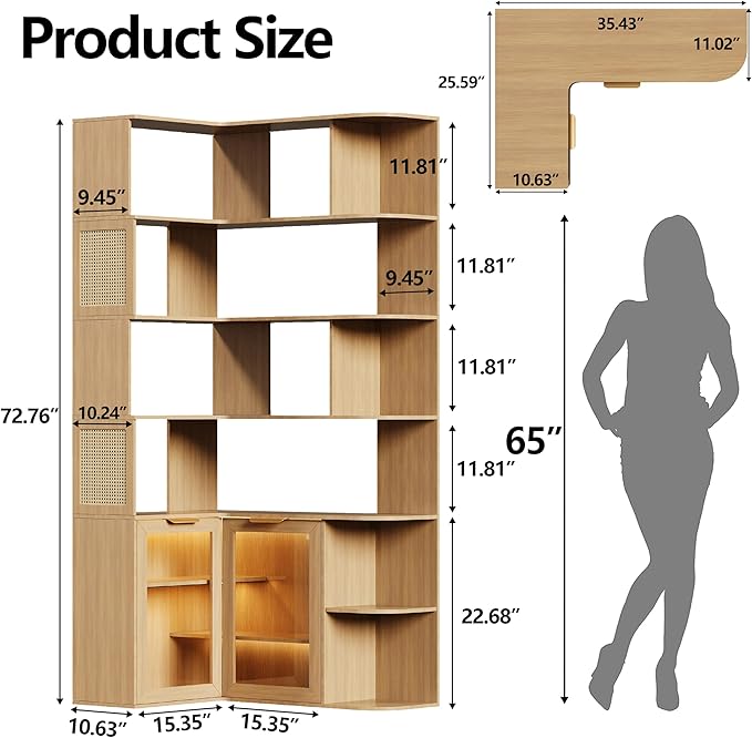 Corner Shelf with Storage Cabinet,7-Tier Corner Bookshelf,Farmhouse L Shaped Shelves Etagere Bookcase, Large L Shaped Bookshelf with Vine Woven Open Storage Cabinet for Home Office