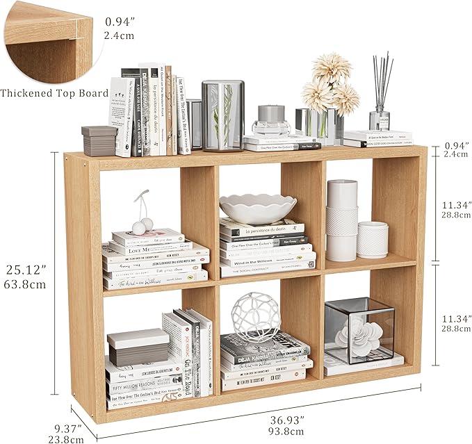 Cube Storage Organizer Bookcase, Decorative 11 inch Open Back Cubical Shelf with Thickened Border, Display Bookshelf for Living Room, Home Office, Sturdy Room (Natural Oak, 6 Cube)