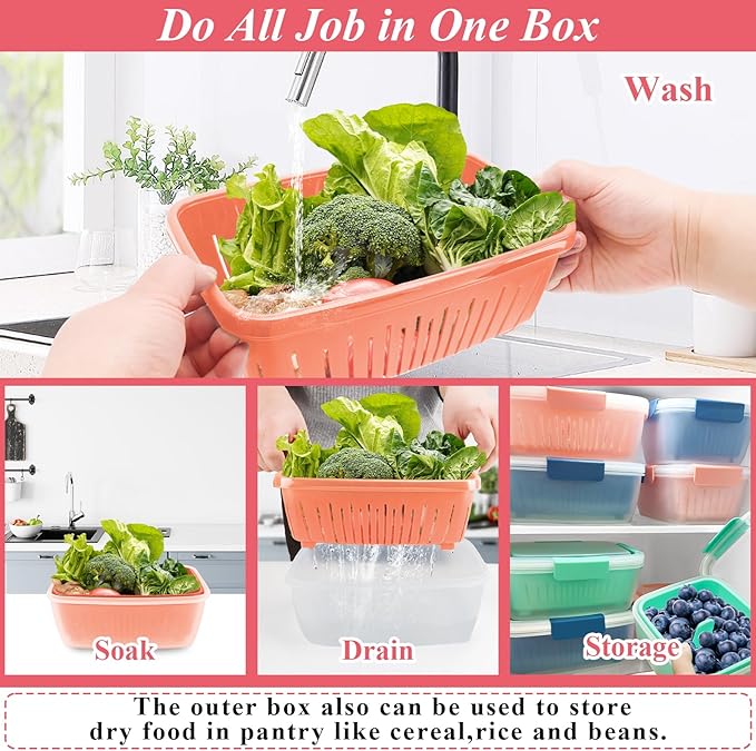 68oz Berry Keeper Fruit Storage Container for Fridge, Fresh Food Produce Saver Containers with Removable Drain Colander, Vegetable Lettuce Keeper Bowl, Refrigerator Organizer, PRESS TO OPEN CLOSE LID