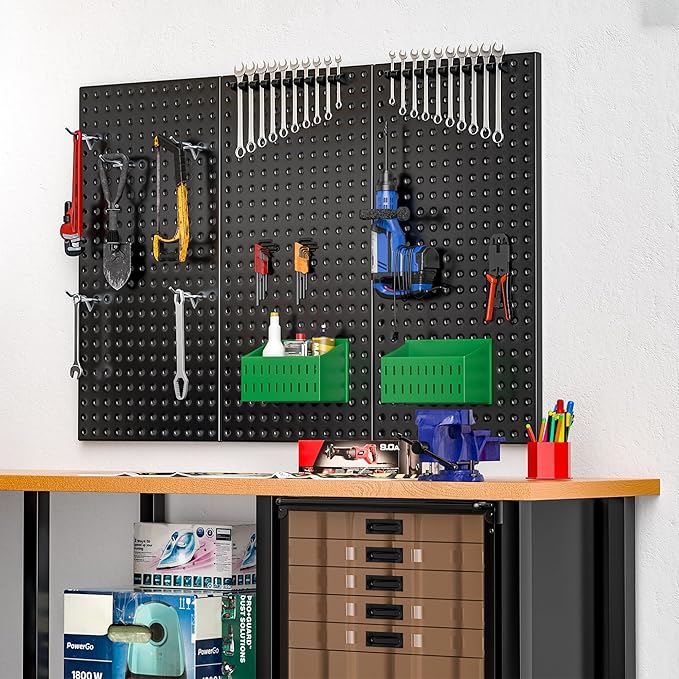EVERHANGER Metal Pegboard Panels 24" x 12", Heavy Duty Steel Peg Boards for Garage, Pegboard Wall Organizer for Tool Storage and Organization, Black, 3 Pack