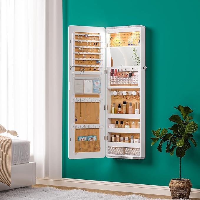 HNEBC LED Mirror Jewelry Cabinet,47.2" Wall Mounted Jewelry Organizer with Full-Length Mirror,Over The Door Hanging Jewelry Armoire Storage Cabinet,Folding Dresser,2 Drawers,Lockable, 3 Shelves(White)