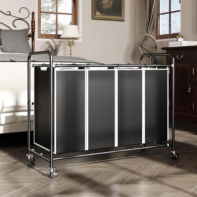 ROMOON Laundry Hamper Sorter Cart: 4-Section Organizer with Heavy-Duty Lockable Wheels and Removable Bags | 172L Rolling Laundry Basket for Dirty Clothes in Laundry Room or Small Spaces (Black)