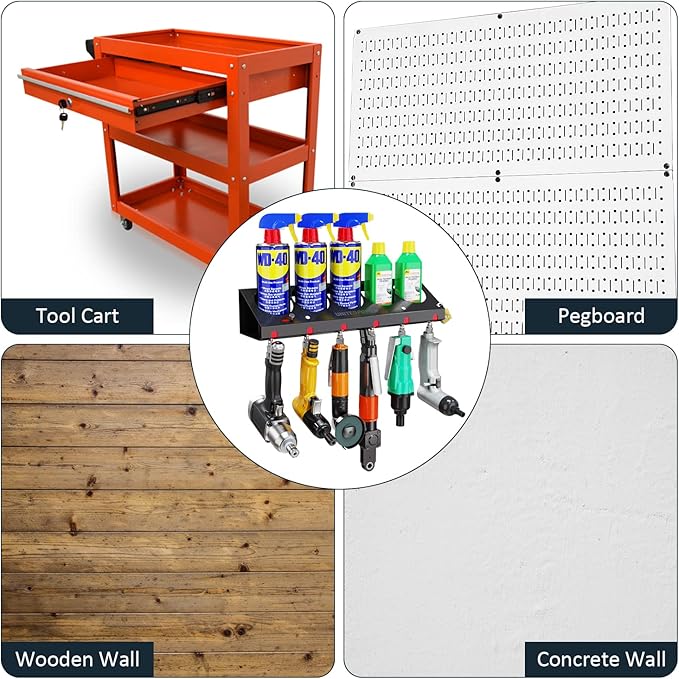 UNITEDPOWER Pneumatic Tool Holder Lockable/Aerosol Rack Combo, Wall Mounted Spray Can Bottle Holder, Air tool organizer, for Garage and Workspace, 5 Cans and 6 slots