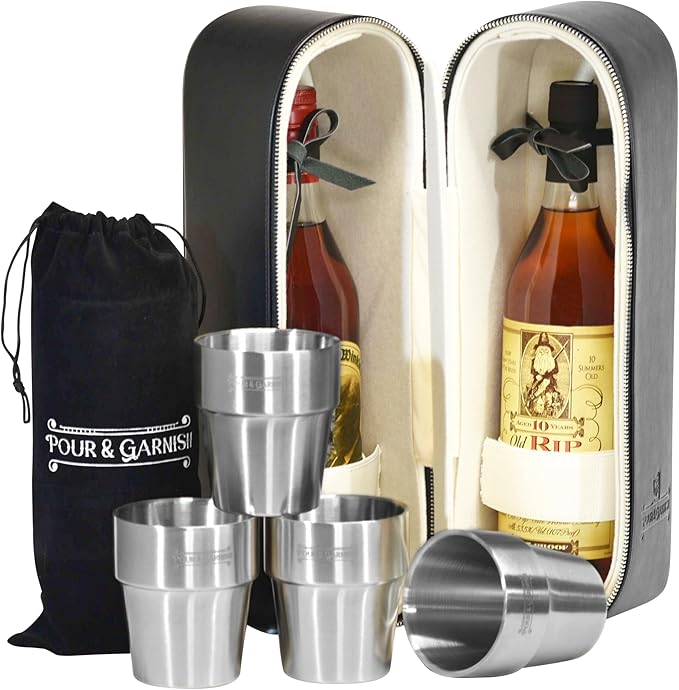 POUR & GARNISH Bourbon, Whiskey & Wine Double Bottle Travel Bag – Vegan Leather Spirits Carrier with 4 Stainless Steel Insulated Glasses & Gift Pouch – Luxury Barware Gift