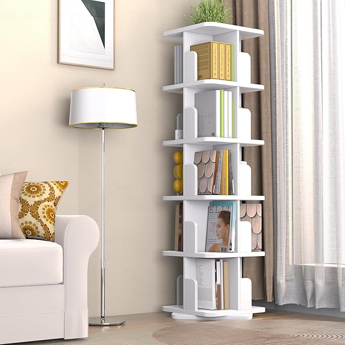MHOM White Rotating Bookshelf, 360 Display 5 Tier Rotating Bookshelf Tower, Floor Standing Revolving Bookcase, Wooden Small Bookcase for Small Spaces, and Living Room