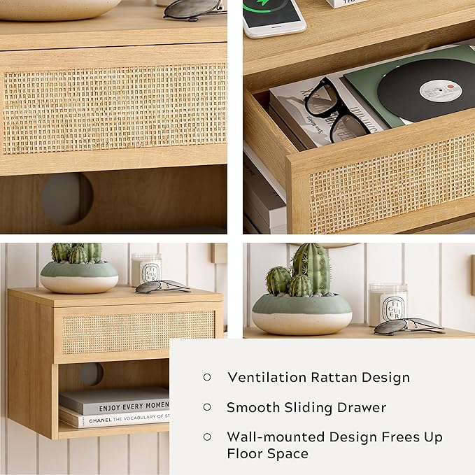 Rattan Floating Nightstands Set of 2, Wall Mounted End Table with Drawer and Open Compartment Modern Wood Bedside Night Stand Storage Cabinet for Bedroom Living Room, Natural Oak