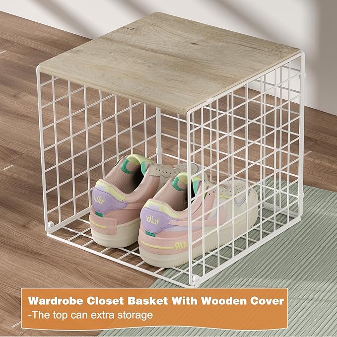 4 Pack Closet Organizers and Storage with Wood Top, Stackable Closet Shelf Organizer, Double Storage Design, Clothes Storage Basket/Cube Organizer for Wardrobe, Sturdy, White (Patent Pending) ﻿
