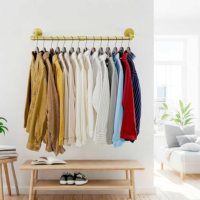 WEBI Industrial Pipe Clothing Rack,32" Wall Mounted Clothes Rack for Hanging Clothes,Heavy Duty Metal Garment Rack Bar Wall Mount Clothing Rod for Closet,Laundry Room,Gold