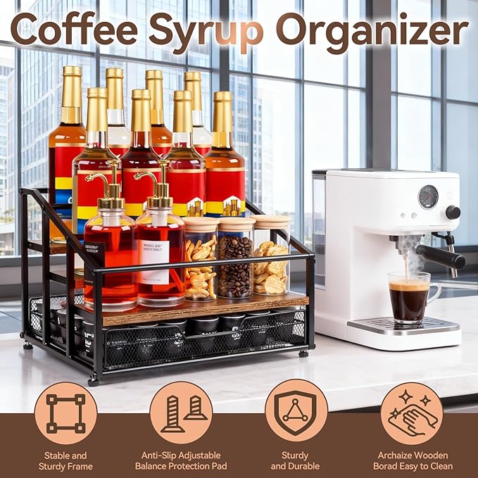 Coffee Syrup Rack Organizer, 4-Tier 12 Bottle Syrup Rack with 35 K Cup Drawer for Coffee Bar, Countertop Bottle Holder Stand for Dressing for Kitchen Cafe Station