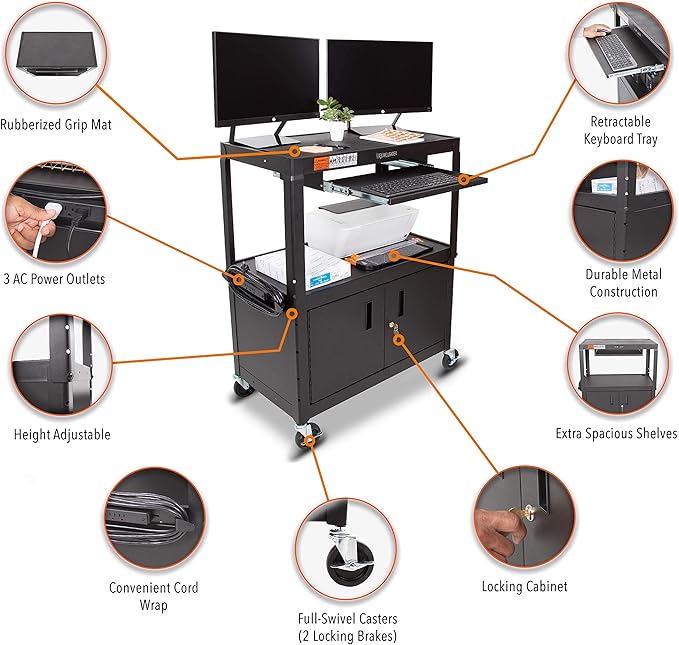 Line Leader Large AV Cart with Locking Cabinet | Height Adjustable Utility Cart with Pullout Keyboard Tray & Cord Management | UL Safety-Certified Computer Cart | Easy Assembly (32 x 18 x 42in)