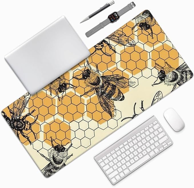 Bee and Honeycomb Large Mouse Pad, Vintage Aesthetic Gaming Desk Mat, XXL Keyboard Desk Pad Mat for Desktop, 35.4"x15.7" Non-Slip Base Big Mousepad with Stitched Edges