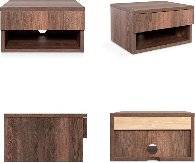 JONATHAN Y NST2002A Ettore 15.71" Mid-Century Modern Floating Wall Mounted Nightstand with Soft-Close Drawer and Cable Hole, Dark Brown